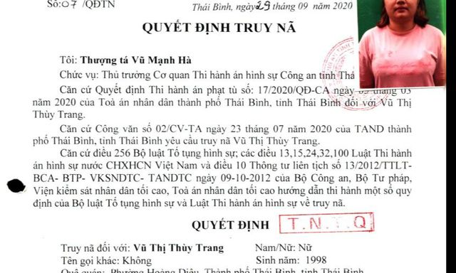 Quyết định truy nã Vũ Thị Thùy Trang SN 1998