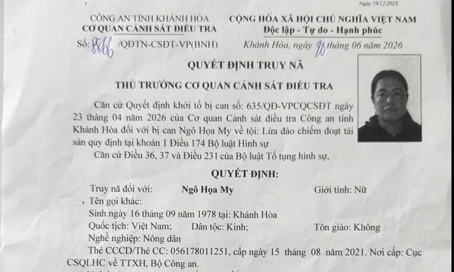 Quyết định truy nã Ngô Họa My SN 1978