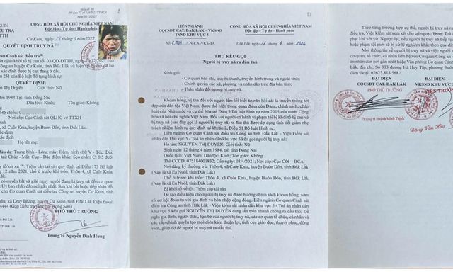 Công an Đắk Lắk truy nã, kêu gọi Nguyễn Thị Duyên SN 1984 ra đầu thú