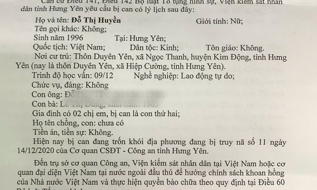Truy tố, yêu cầu Đỗ Thị Huyền SN 1996 đến công an đầu thú