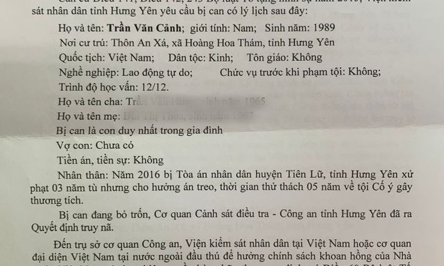 Truy tố bị can Trần Văn Cảnh SN 1989