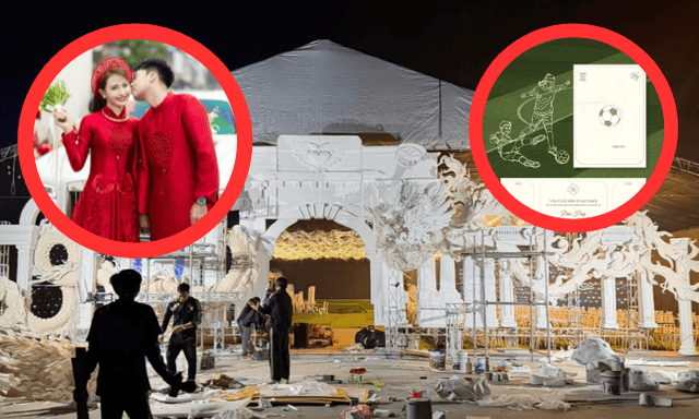 Cận cảnh rạp cưới siêu khủng của MC Huyền Trang Mù Tạt và tuyển thủ Phạm Đức Huy, thiệp cưới cực xinh mang đậm style cầu thủ