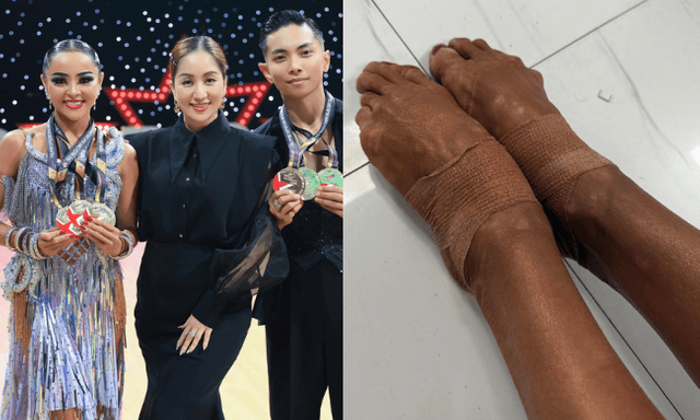 Cận cảnh đôi chân rớm máu, băng bó chằng chịt của kiện tướng Thu Hương khi cùng Phan Hiển giành 3 HCV Đông Nam Á