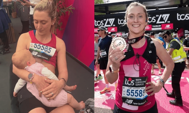 Vừa chạy xong marathon 42km, nữ VĐV Olympic ngồi cho con bú tại vạch đích gây sốt