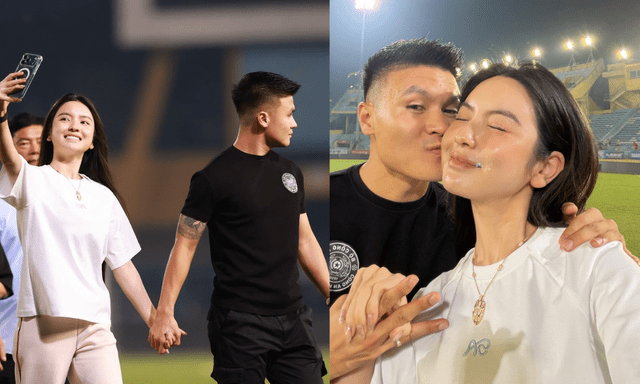 Quang Hải nắm tay, hôn vợ cực tình sau trận CAHN thắng Nam Định ở V.League 