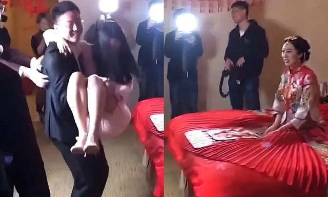 Chú rể vô tư bế thốc phù dâu trong lễ cưới, vẻ mặt của cô dâu khiến ai cũng hiểu: 