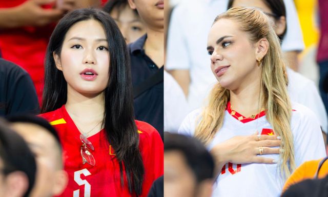 Cận cảnh Doãn Hải My visual sáng bừng, vợ Xuân Son đặt tay lên ngực hát quốc ca đầy cảm xúc trong trận đấu của ĐT Việt Nam 