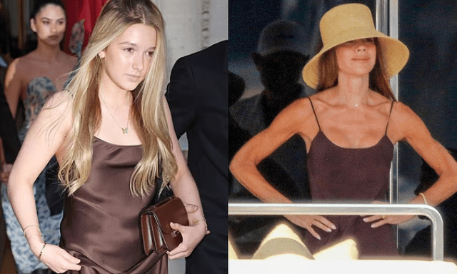 Cùng diện một chiếc váy, tiểu thư Harper Beckham phổng phao, xinh đẹp, Victoria lại gây chú ý vì vóc dáng gầy gò
