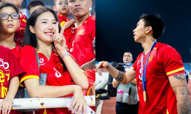 Doãn Hải My khoe visual sáng bừng, Văn Hậu hôn gió rồi loay hoay tìm vợ xuống sân ăn mừng Việt Nam vô địch