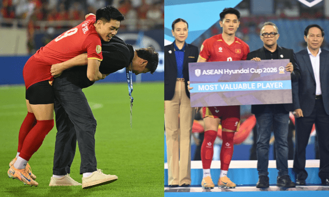 VIP nhất Đình Bắc: Được HLV Kim Sang-sik đích thân cõng lên nhận giải Cầu thủ xuất sắc nhất Asean Cup 2026, tình thầy trò quá đáng yêu