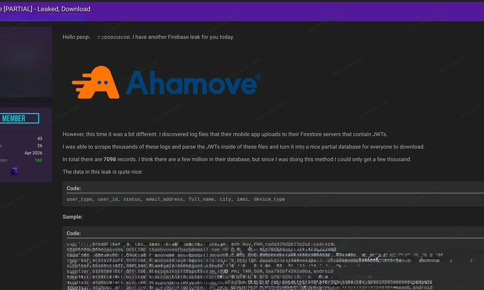 Nghi vấn dữ liệu Ahamove bị rò rỉ: 7.098 bản ghi chứa email, họ tên và thông tin thiết bị