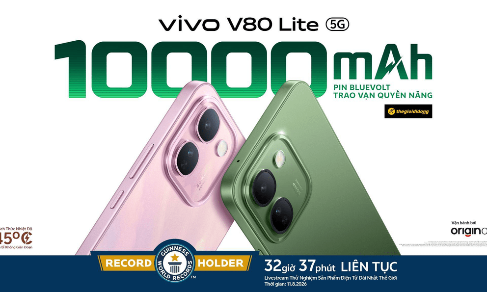 Nhờ pin BlueVolt, vivo V80 Lite 5G thiết lập KỶ LỤC GUINNESS THẾ GIỚI™ với 32 giờ 37 phút sử dụng liên tục on-screen