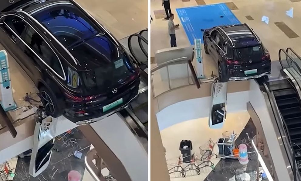 Nhầm chân ga, chiếc Mercedes lao xuyên lan can trung tâm thương mại, suýt rơi xuống tầng dưới