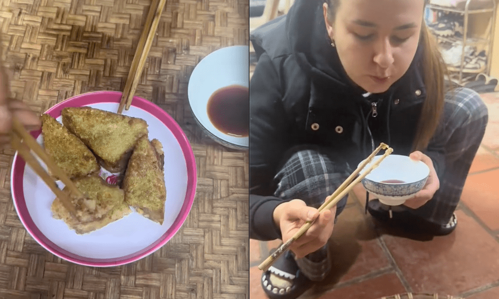 Cô vợ Tây phấn khích khi được ăn bánh chưng do chồng rán, sau đó tuyên bố 1 câu khiến ai cũng bật cười