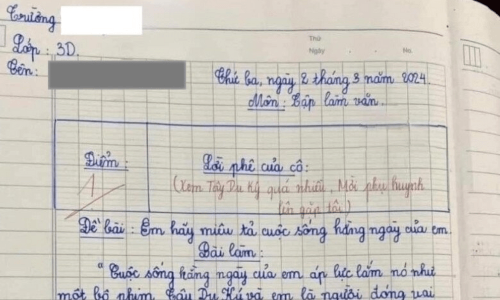Bài văn tả cuộc sống hàng ngày của học sinh lớp 3 bị chấm 1 điểm: Cô giáo đọc xong 