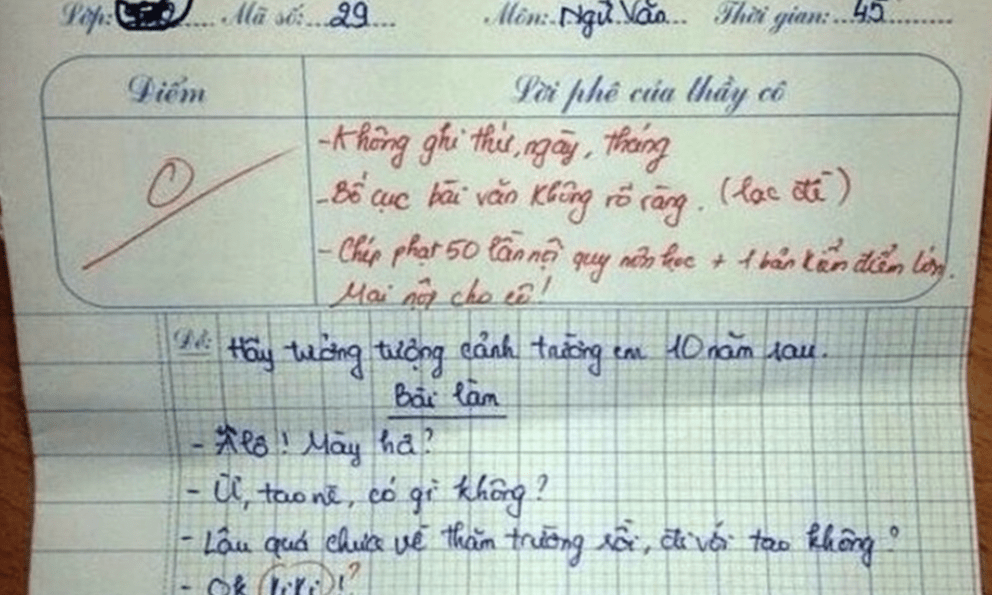 Học sinh tiểu học viết văn tả trường em 10 năm sau bị chấm 0 điểm, còn phải nộp bản kiểm: Đọc đoạn kết mà ai cũng 