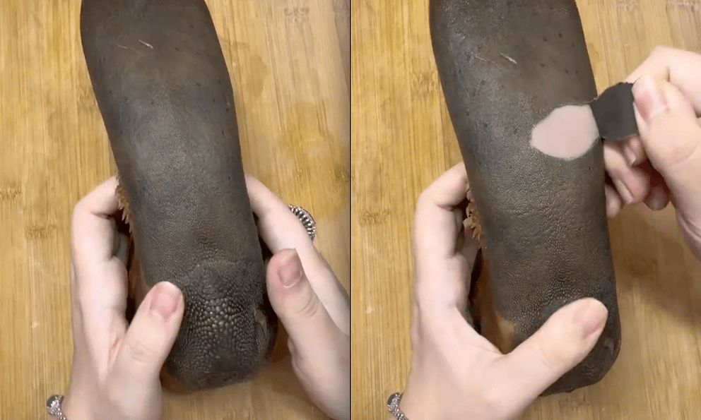 Người phụ nữ bóc một món ăn lởm chởm, đen sì như đế giày khiến dân tình 