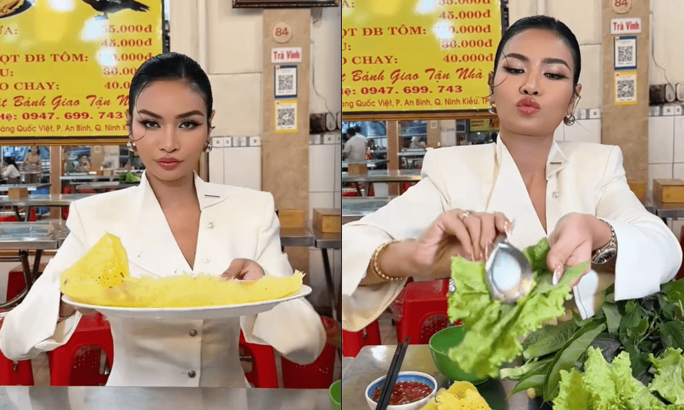 Á hậu người Thái mukbang bánh xèo Việt Nam như 
