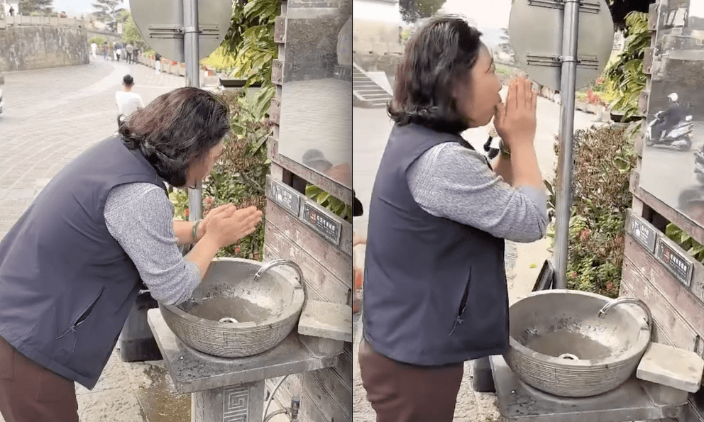 Người phụ nữ liên tục vái lạy vòi nước ở khu du lịch vì nghĩ đó là cách để... nước chảy, sự thật khiến cả dân mạng cũng phải 