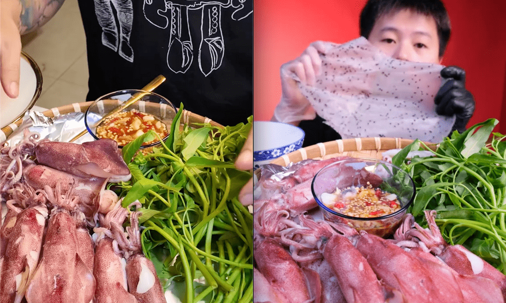 Đu trend ăn mực hấp cuốn rau muống sống, 1 TikToker bị đau bụng, dân mạng liền nghĩ ngay tới lý do này