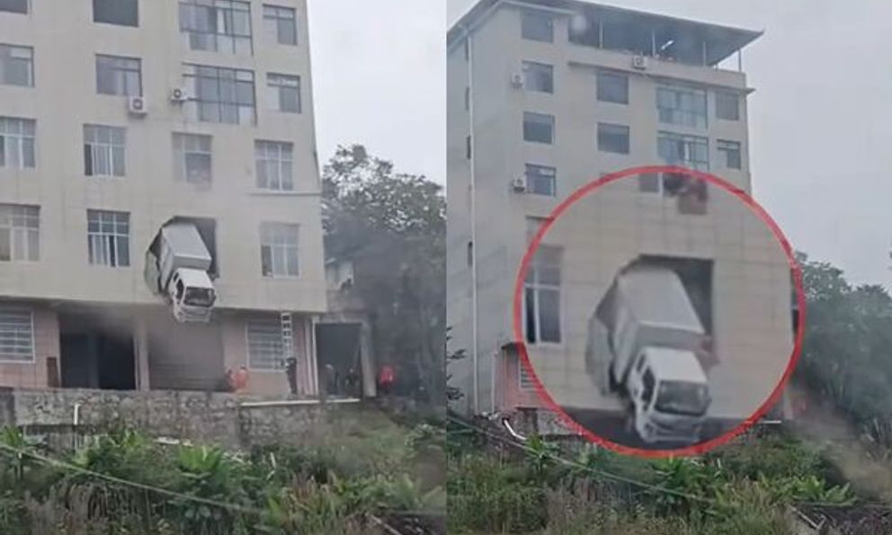 Xe tải đâm xuyên tường tầng 2 tòa nhà, hình ảnh đầu xe mắc kẹt giữa không trung gây sốc