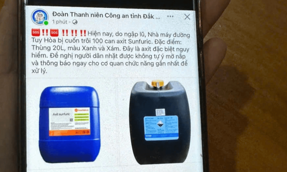 100 can axit sunfuric bị lũ cuốn trôi nguy hiểm thế nào?