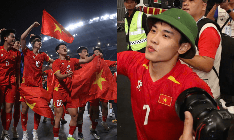 Đình Bắc đội mũ cối, cờ tổ quốc tung bay phấp phới mừng U22 Việt Nam 