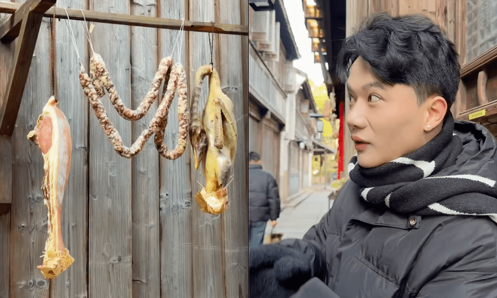 Khách Việt há hốc khi thấy quán ăn ở Trung Quốc treo hết thịt ra đường, không ngờ là cách làm cực thông minh