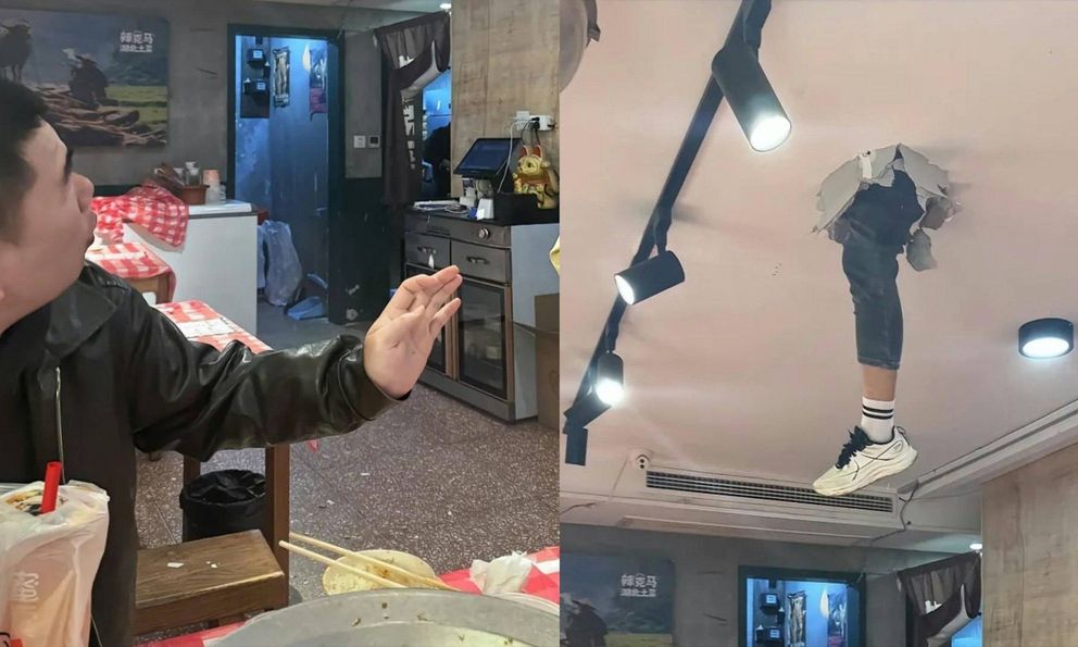 Trung Quốc: Đang dùng bữa, khách hàng tá hỏa thấy chân người rơi xuống từ trần nhà vỡ toác