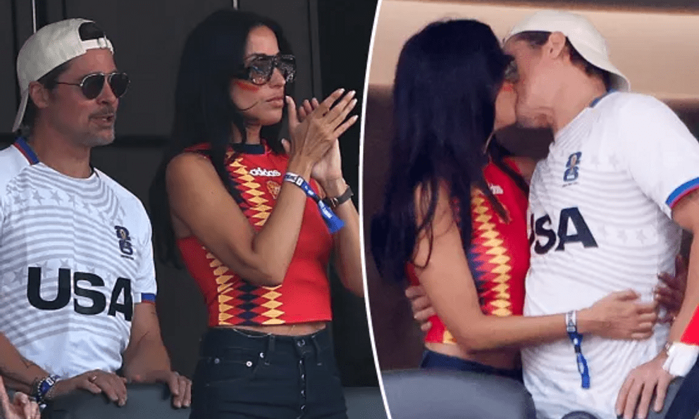 Mặc trận đấu World Cup căng thẳng, Brad Pitt và bạn gái kém 29 tuổi trên khán đài còn 