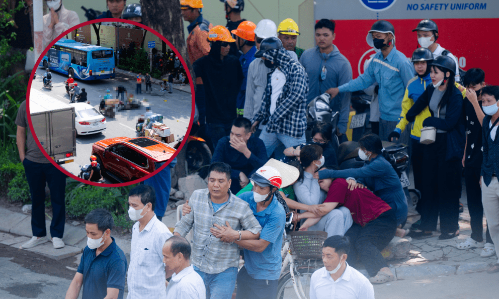 Người thân khóc ngất tại hiện trường vụ xe buýt va chạm xe máy trên đường Nguyễn Trãi khiến cháu bé tử vong 