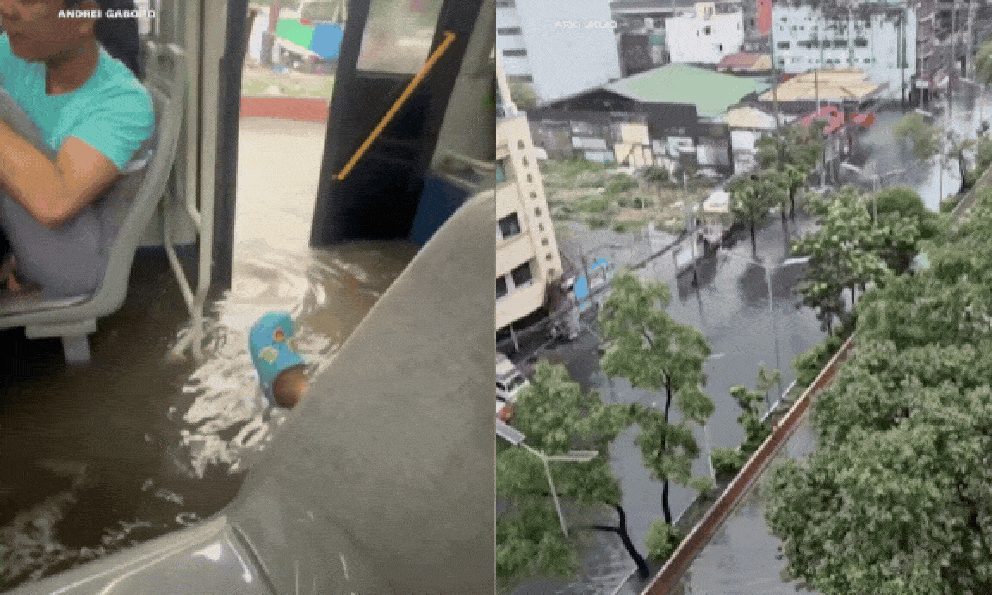 Nước lũ tràn vào xe buýt chở đầy người giữa trận mưa lớn ở Philippines