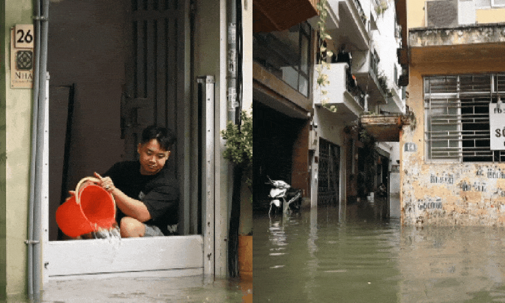 Cận cảnh Hà Nội sau trận mưa lớn nhất từ đầu mùa: Người dân hì hục tát nước, lò dò đi trong ngõ nhỏ ngập ngang bắp chân