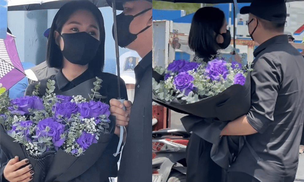 Chi tiết Lê Phương mang 8 bông hoa hồng tím tới lễ thủy táng Quý Bình, giờ mới hiểu ý nghĩa đằng sau