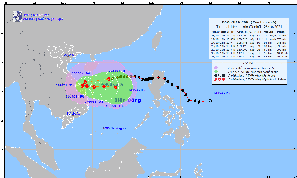 Tin mới nhất về cơn bão số 6: Chỉ còn cách Đà Nẵng khoảng 510km, vẫn giật cấp 14