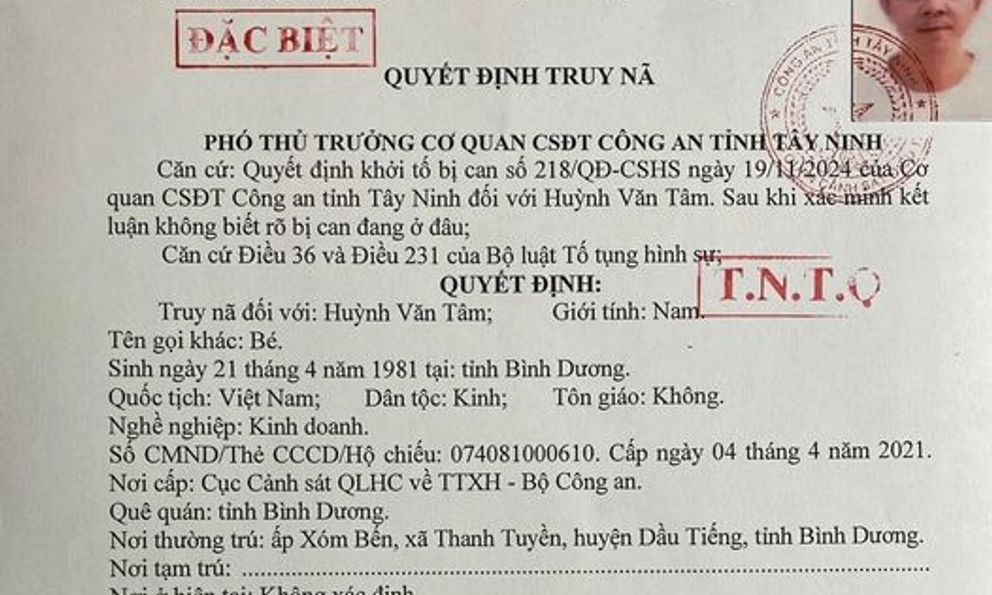 Truy nã đặc biệt Huỳnh Văn Tâm