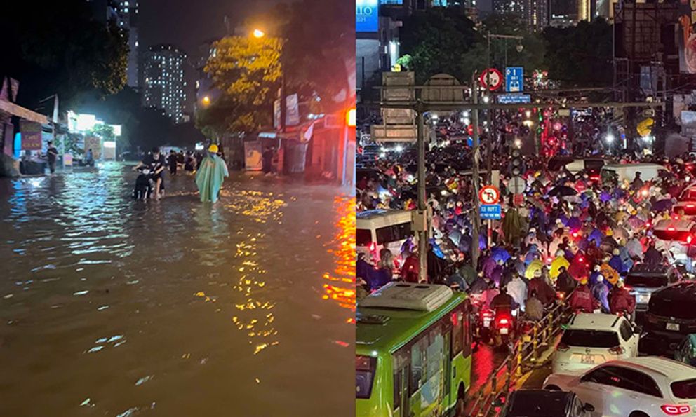 Hà Nội ngày lụt lội: Cuốc bộ 10km về nhà, lội nước ngang hông cõng con tan trường