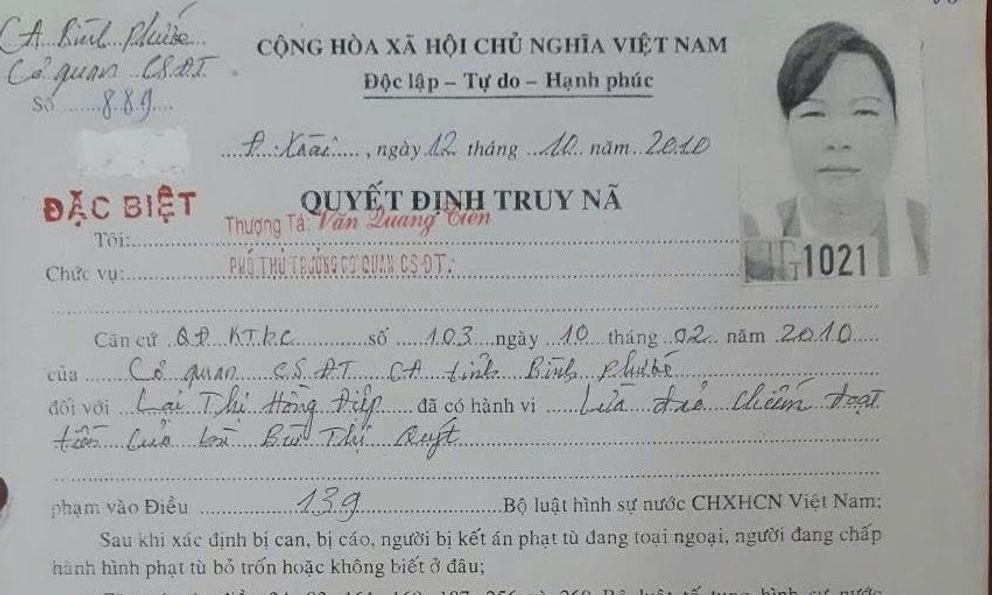 Truy nã đặc biệt Lại Thị Hồng Điệp 