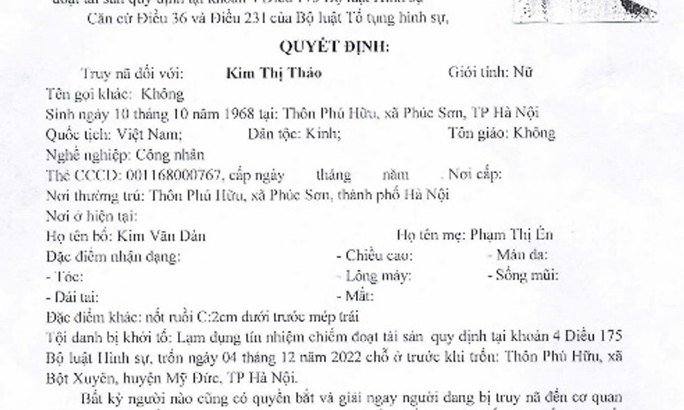 Truy nã Kim Thị Thảo 