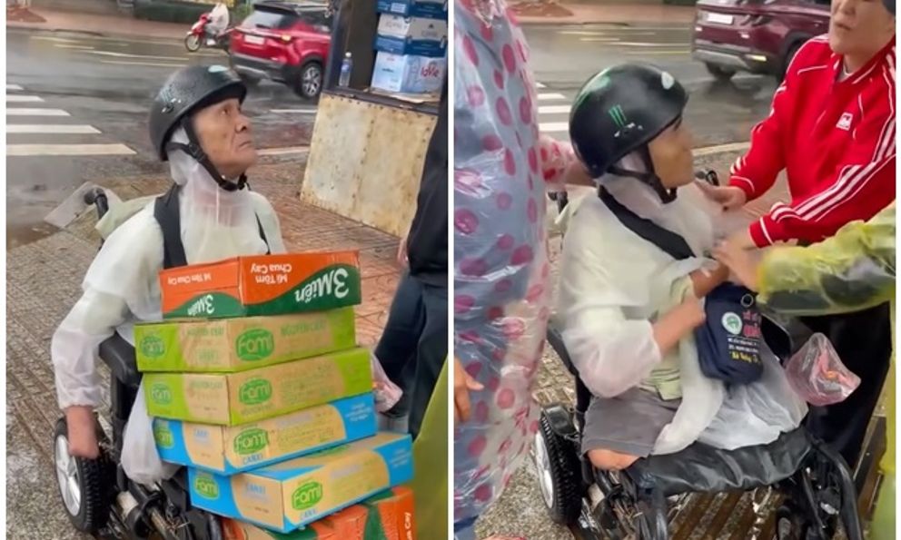 Cụ ông bán vé số cụt tay chân chở thùng mì đi hỗ trợ dân vùng lũ, năn nỉ 1 điều khiến tất cả cay mắt