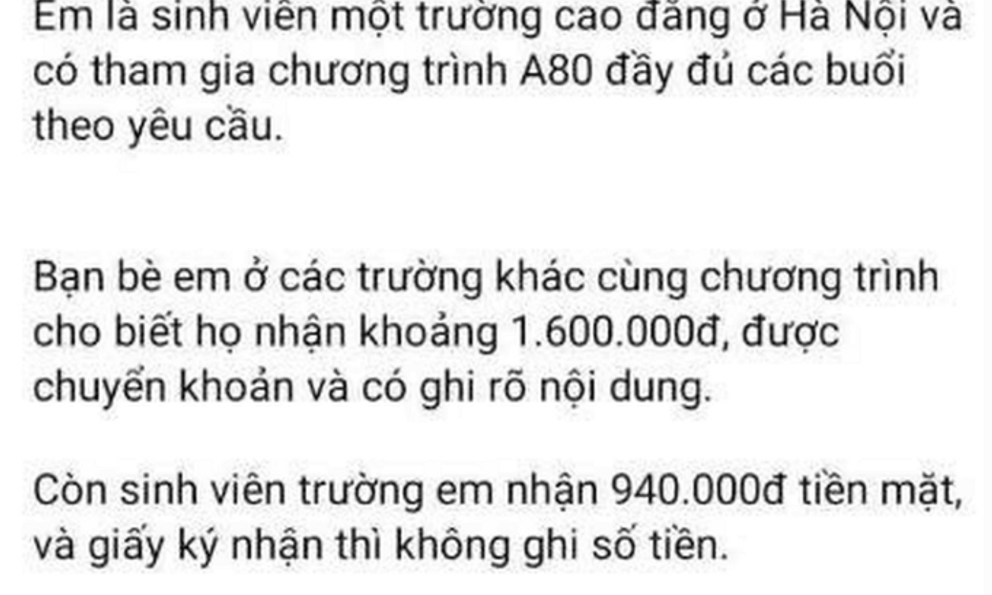 Chỉ nhận 940.000 đồng tiền tập luyện A80, sinh viên tố trường 