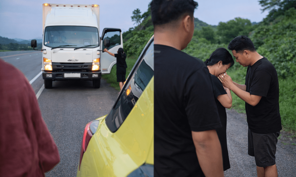 Bỏ quên vợ ở trạm dừng nghỉ, chồng chắp tay giữa đường để cảm ơn người lạ