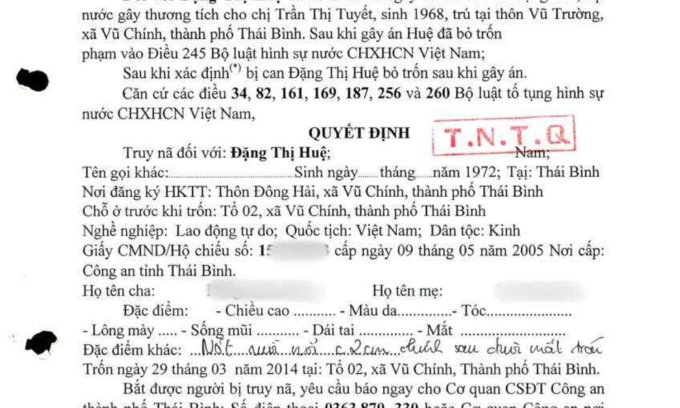 Truy nã đặc biệt, yêu cầu Đặng Thị Huệ SN 1972 sớm ra đầu thú