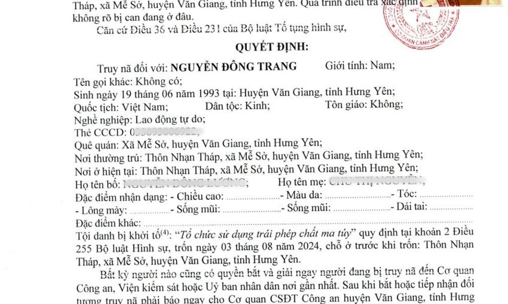 Công an Hưng Yên truy nã đặc biệt Nguyễn Đông Trang SN 1993