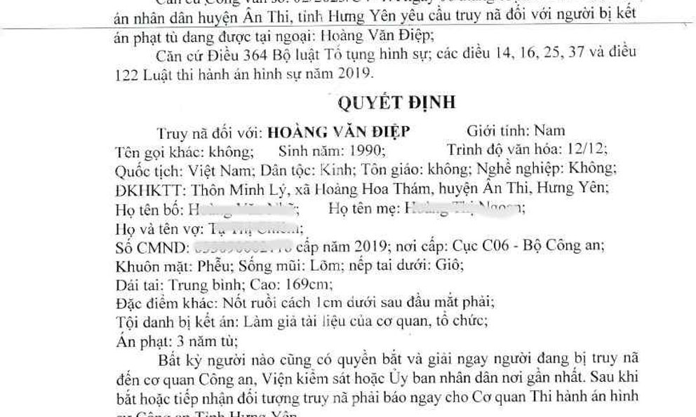 Quyết định truy nã Hoàng Văn Điệp SN 1990