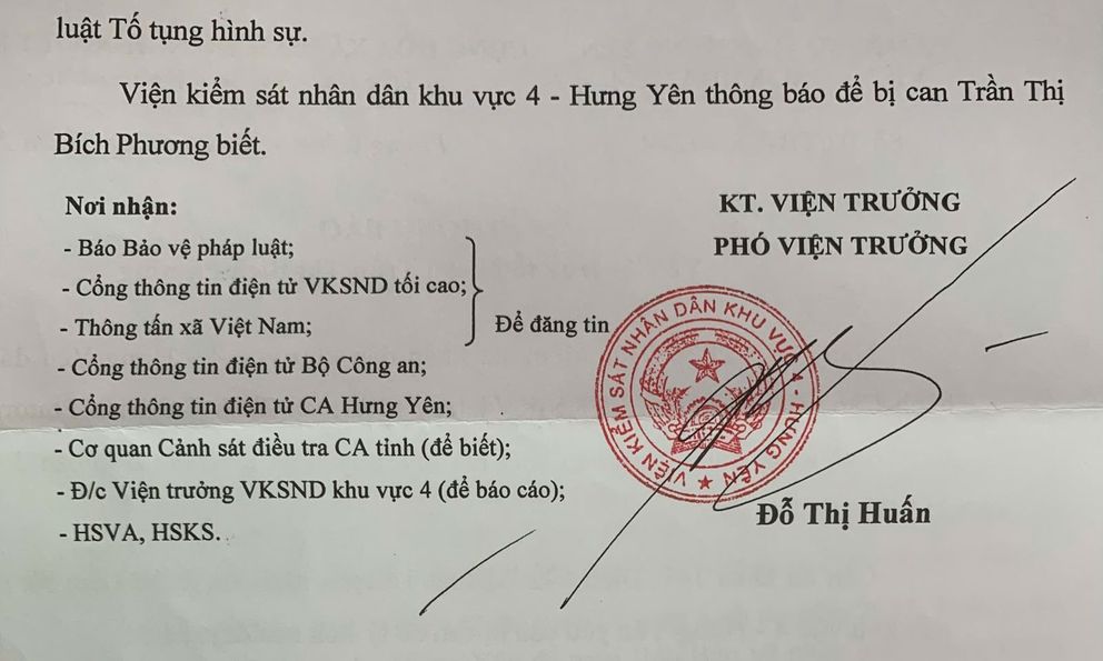Quyết định truy tố, yêu cầu bị can Trần Thị Bích Phương ra đầu thú
