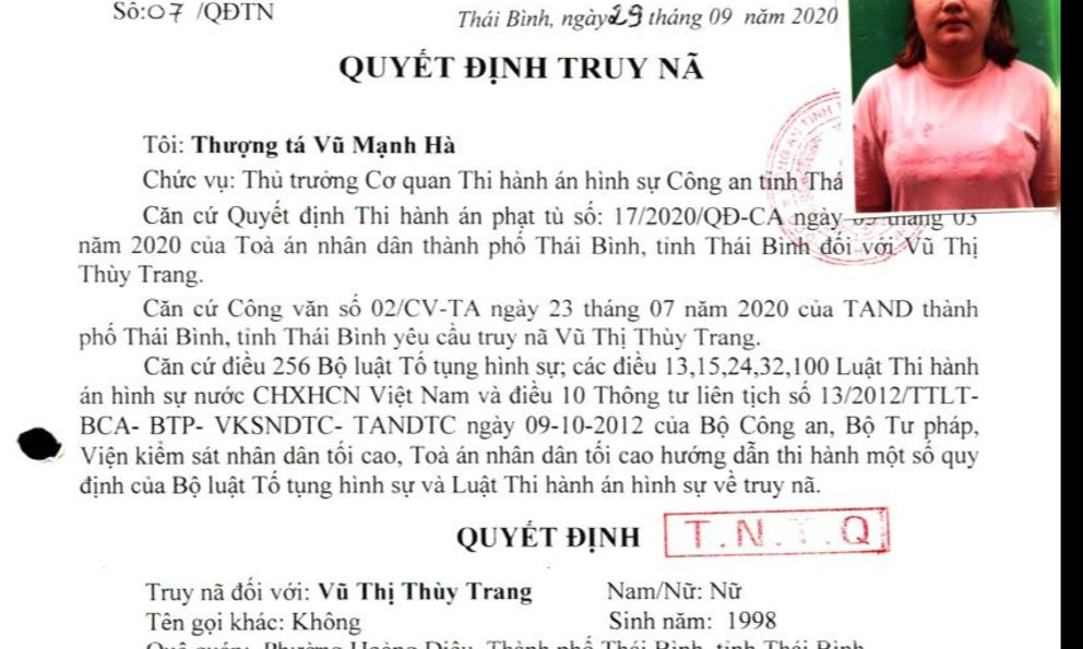 Quyết định truy nã Vũ Thị Thùy Trang SN 1998