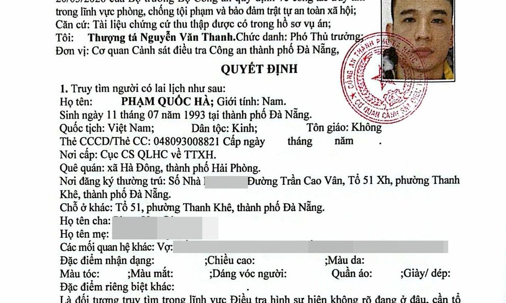 Công an truy tìm người tên Phạm Quốc Hà SN 1993