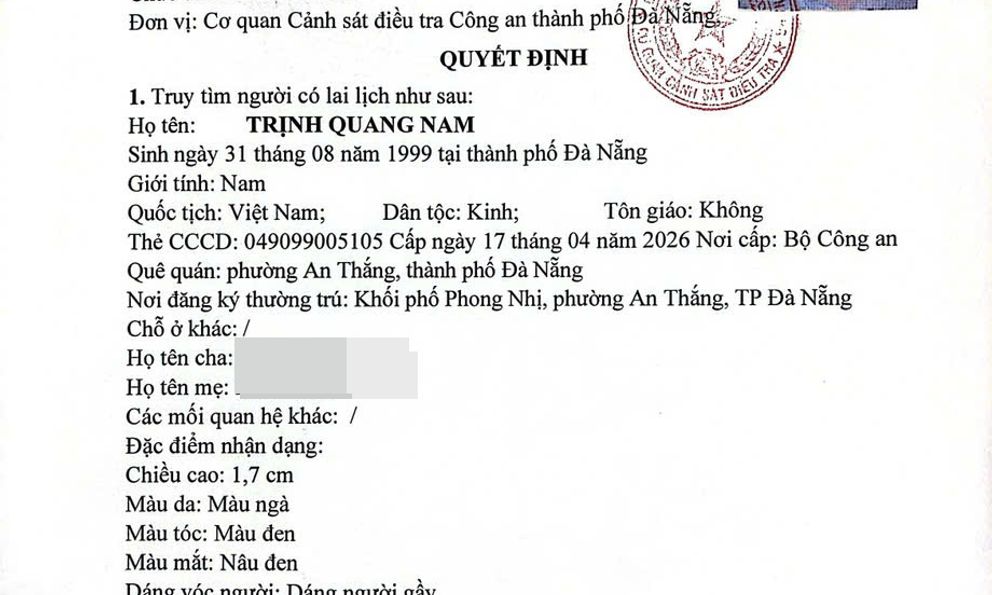 Công an truy tìm người có tên Trịnh Quang Nam SN 1999