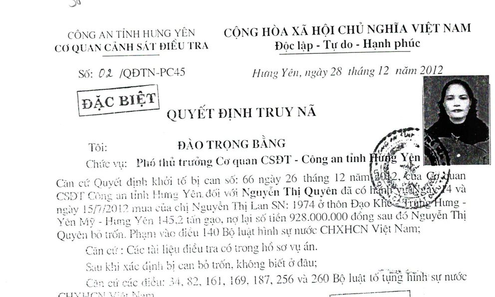 Công an điều tra giao dịch mua gạo 928 triệu đồng: Truy nã Nguyễn Thị Quyên SN 1966